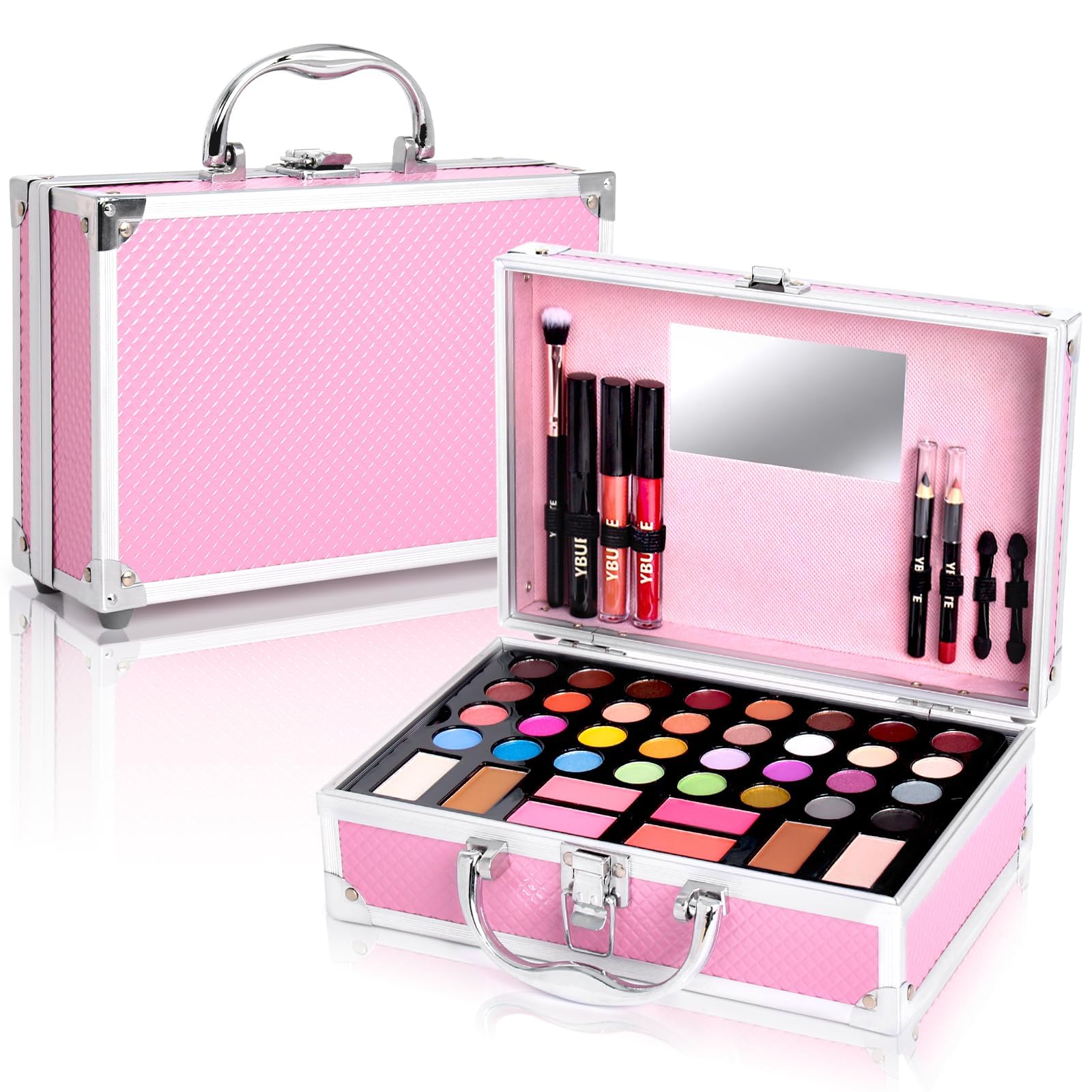 YBUETE Beginner Makeup Kit for TeenMakeup Set for Girl WomenBeginner Makeup Kit with Cosmetic Train Case Included 32 Colors Eyeshadow Blush Contour Lip Gloss Lip Liner Mascara Eyeliner Mirror