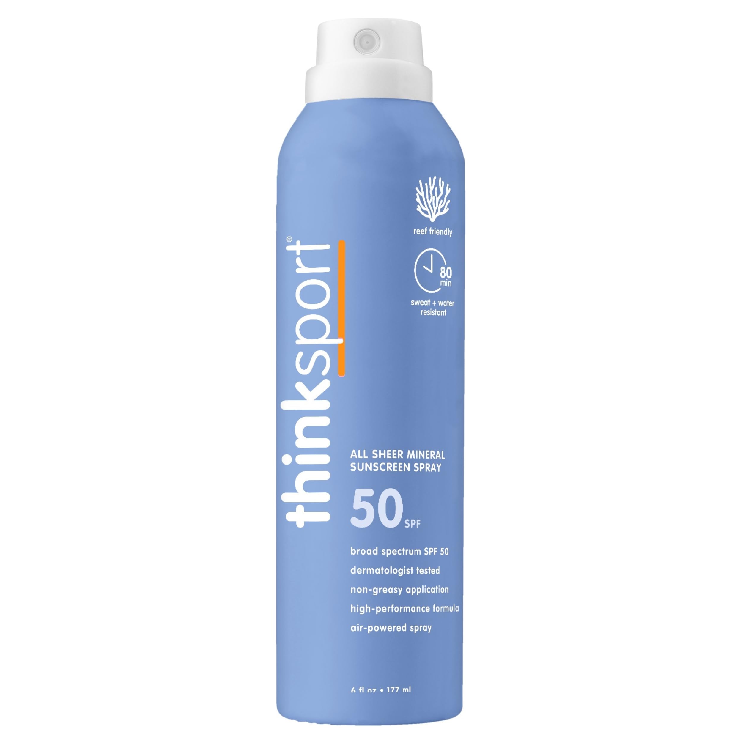 Thinksport Spray Sunscreen All Sheer SPF 50 Zinc Oxide Mineral Sunscreen 6 Fl Oz Natural Water Resistant Reef Safe Broad Spectrum UVA/UVB Sun Block for Sun Protection Vegan
