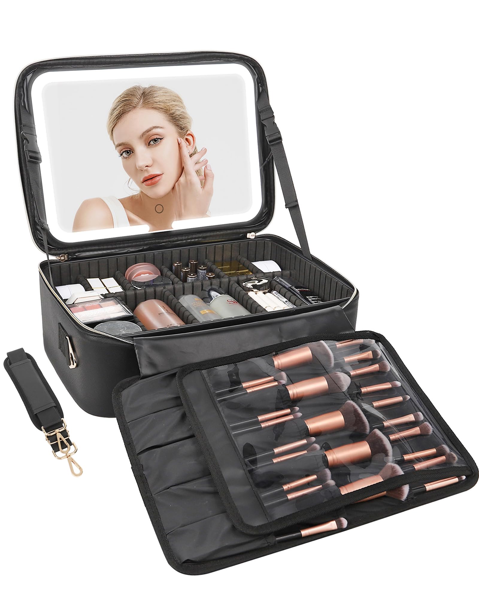 Relavel Makeup Bag with LED Mirror 16.2 inches Large Professional Makeup Case for Makeup Artists Travel Portable Cosmetic Organizer Storage Box for Women Vanity Case with 3 Colors Lighted Mirror