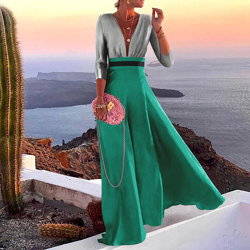 Fashionable Women's Long Sleeve Color Block Dress