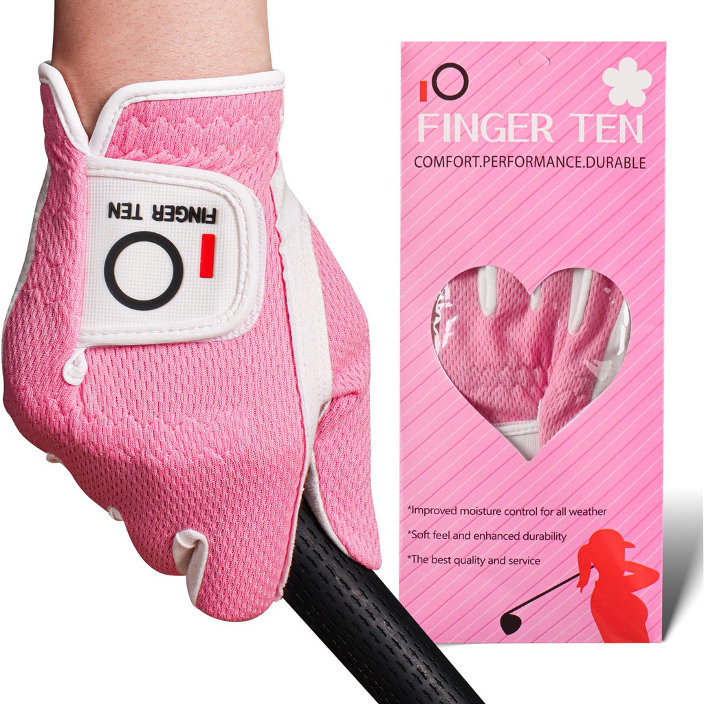 FINGER TEN Womens Golf Glove Right Handed Golfer Left Hand 1 Pack Golf Gloves Rain Grip Hot Wet All Weather Mesh for Women Girls Ladies Small Medium Large (Rose Large (Worn On Right Hand))
