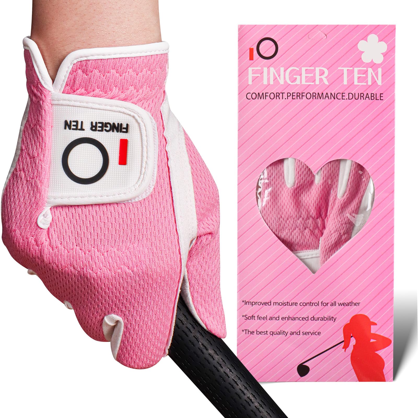 FINGER TEN Womens Golf Glove Right Handed Golfer Left Hand 1 Pack Golf Gloves Rain Grip Hot Wet All Weather Mesh for Women Girls Ladies Small Medium Large (Rose Large (Worn On Right Hand))