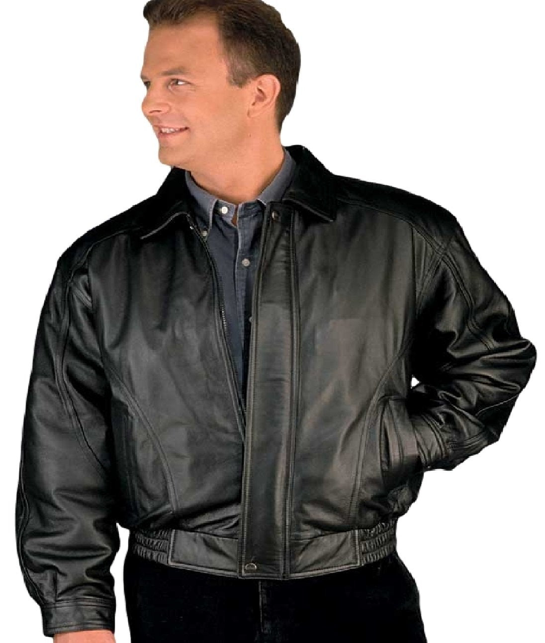 REED Mens American Style Bomber Genuine Leather Jacket (XL Black)