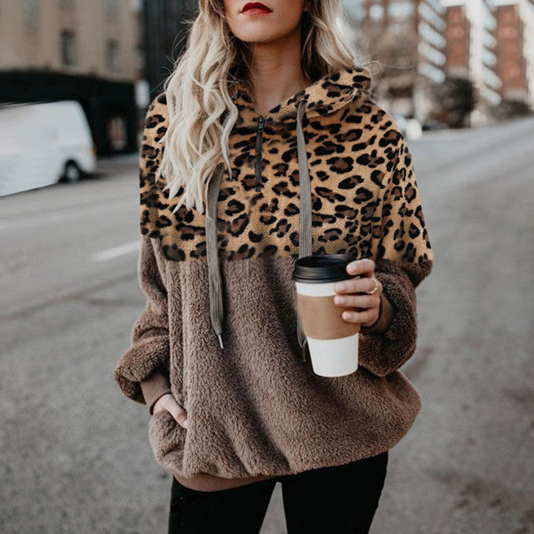 Women's Plush Hoodie with Leopard Print and Zipper Pockets