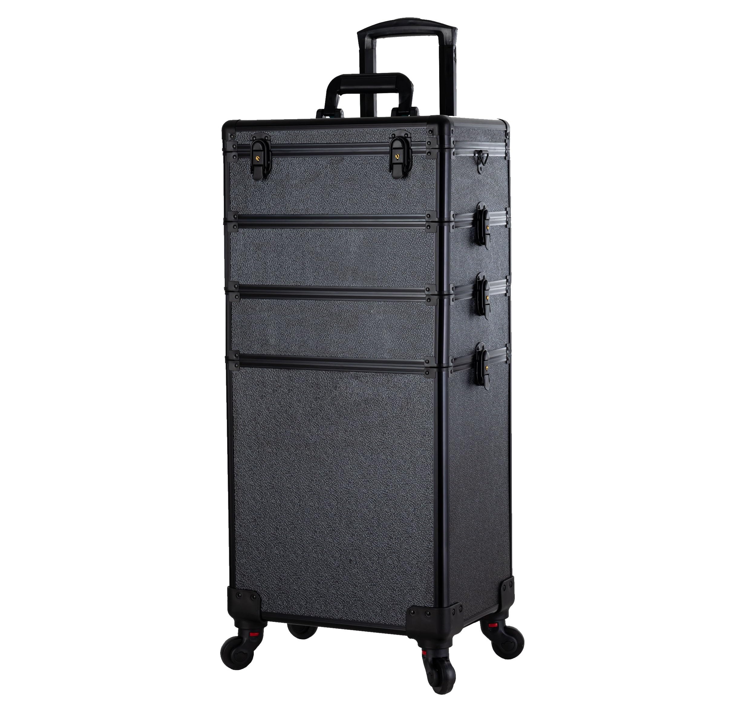 AROUS Professional Rolling Makeup Train Case with Mirror of LED Lighted 4 in 1 Large Storage Cosmetic Trolley with Key and Swivel Wheels Salon Barber Case Traveling Cart Trunk (Black)