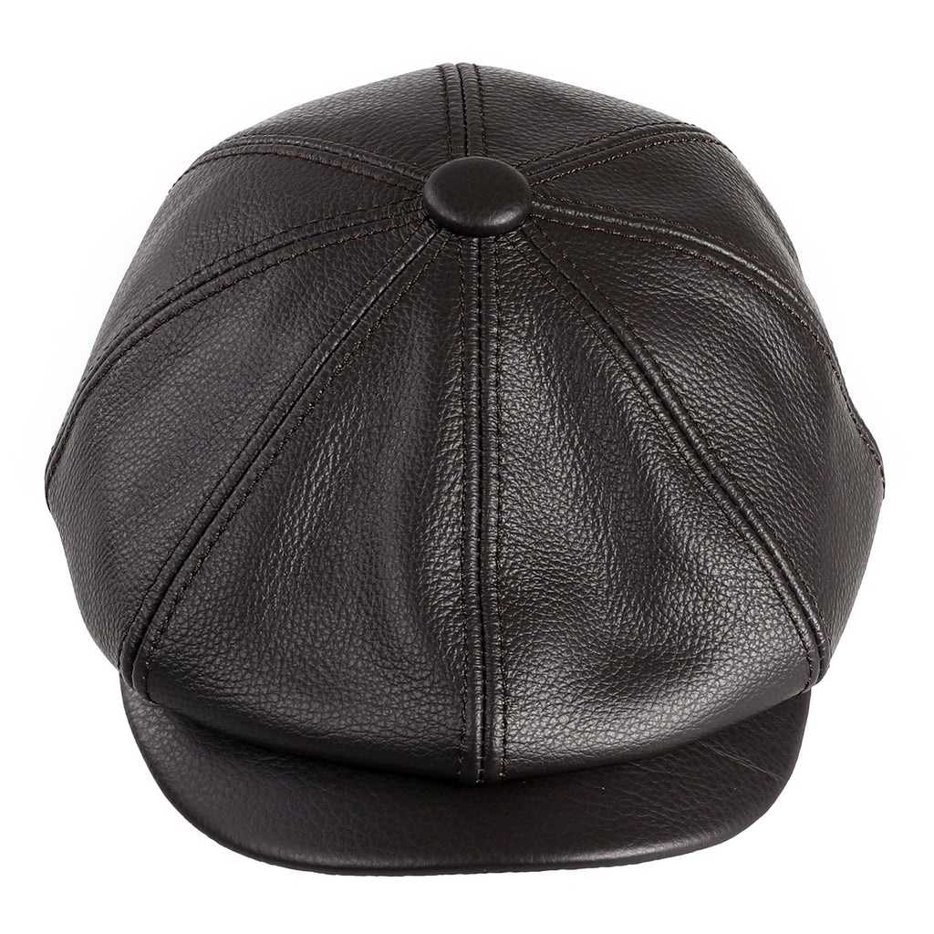 BOONJOVIA Mens Newsboy Flat Cap 100% Genuine Cowhide Leather Gatsby Ivy Golf Cabbie Hat (US Alpha XX-Large Brown)