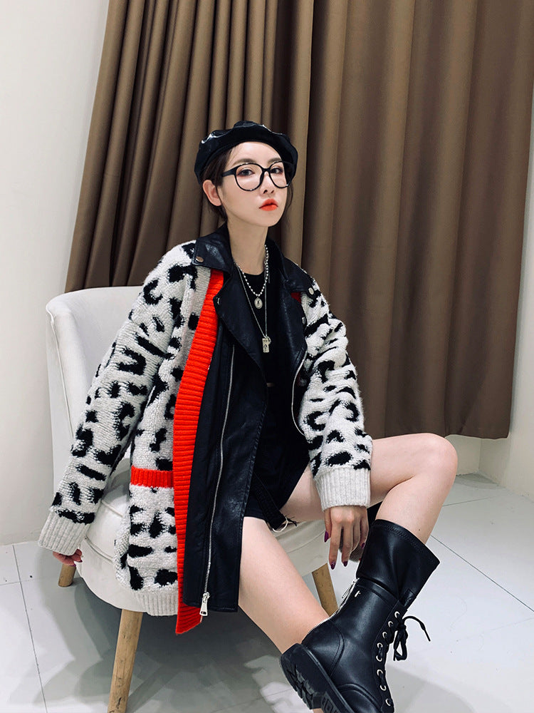 Leopard Print PU Leather Jacket with Zipper Pockets