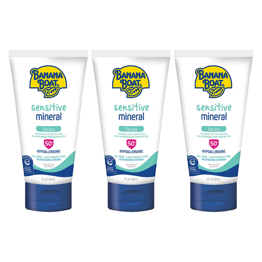 Banana Boat Sensitive 100% Mineral Face Sunscreen Lotion SPF 50 3oz | Travel Size Sunscreen Mini Sunscreen for Face Banana Boat Face Sunscreen Banana Boat Mineral Sunscreen SPF 50 3oz