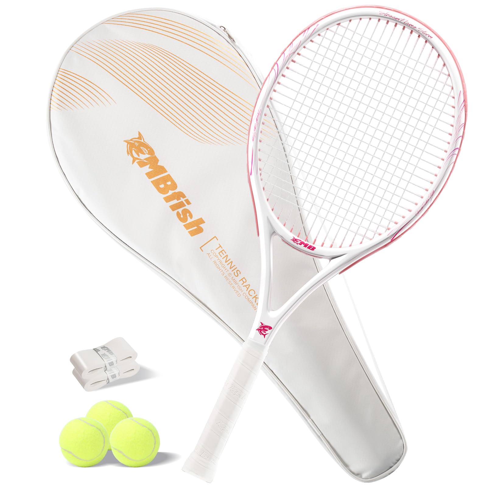 Raquette de tennis MBFISH – Super ensemble avec poignée confortable pré-cordée, raquette de tennis 27 pour adultes, comprend 3 balles de tennis, 2 surgrips et 1 sac de tennis rose