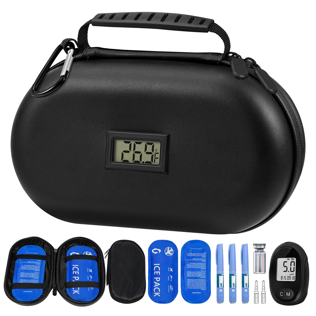 Insulin Cooler Travel Case TSA Approved Diabetes Travel Case with Thermometer Temperature Display Refrigerated Medication Cooler for Travel with 2 Ice Packs Insulin Case for Daily Life Trip