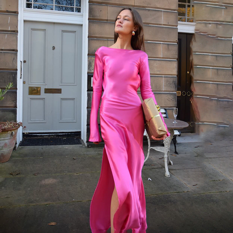 Trendy Long Sleeve Satin Backless Split Dress 2023