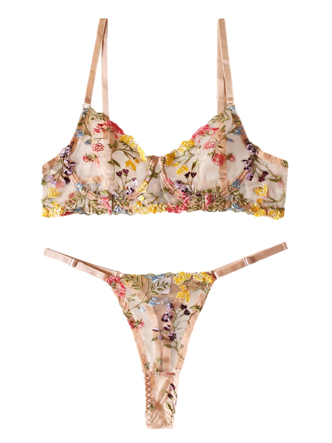 Lilosy Sexy Leaf Floral Mesh Sheer Women Underwire Push Up Embroidered Lingerie Set See Through Bra Panty 2 Piece Bowless Beige Small
