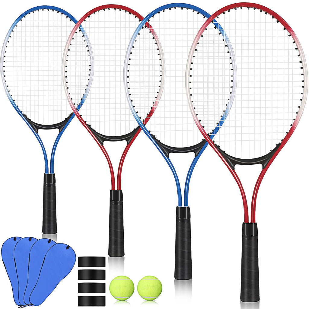 Motionchic 4 Pcs Tennis Rackets for Kids Recreational 21" Tennis Racquet Lightweight Tennis Racket with Tennis Balls for Training Beginners with Overgrips Carry Bag (Bluered)