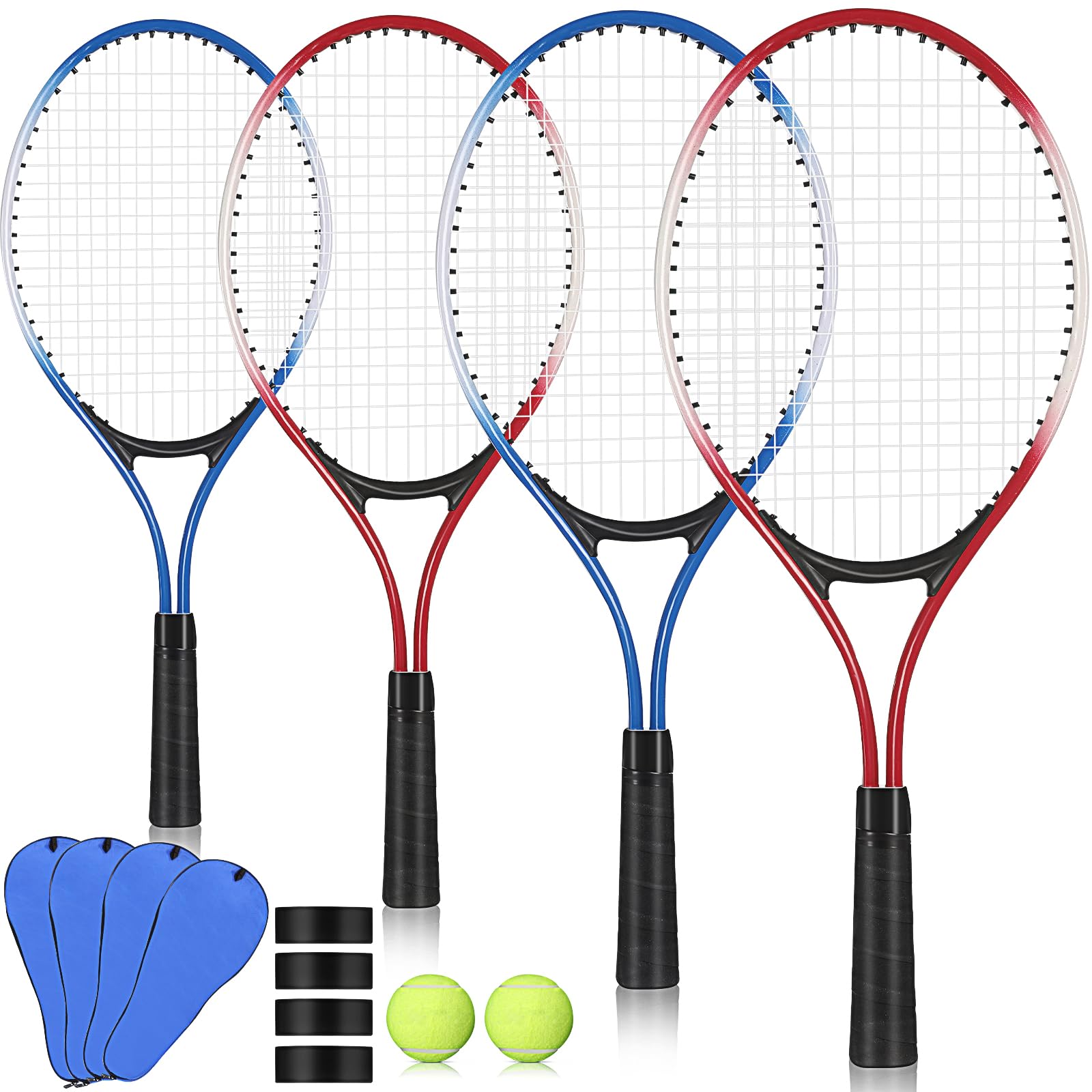 Motionchic 4 Pcs Tennis Rackets for Kids Recreational 21" Tennis Racquet Lightweight Tennis Racket with Tennis Balls for Training Beginners with Overgrips Carry Bag (Bluered)
