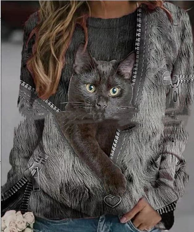 Casual Long-sleeved T-shirt with Cartoon Cat Print