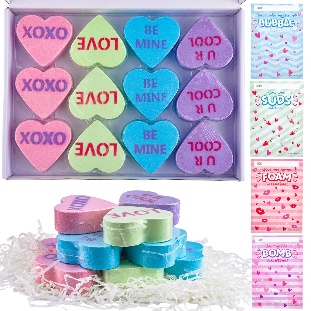 JOYIN 12 Packs Valentine’s Day Heart Shape Bath Bomb with Cards for Kids Party Favors Valentine’s Greeting Cards Heart Soap Day Gift for Her