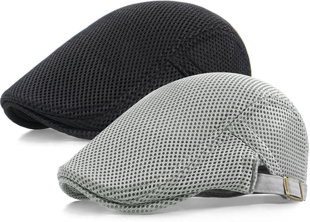 Taidor 2 Pack Mens Mesh Cap Breathable Summer Newsboy Hat Adjustable Beret Ivy Cap Irish Cabbie Driving Hunting Hats Black/Light Gray
