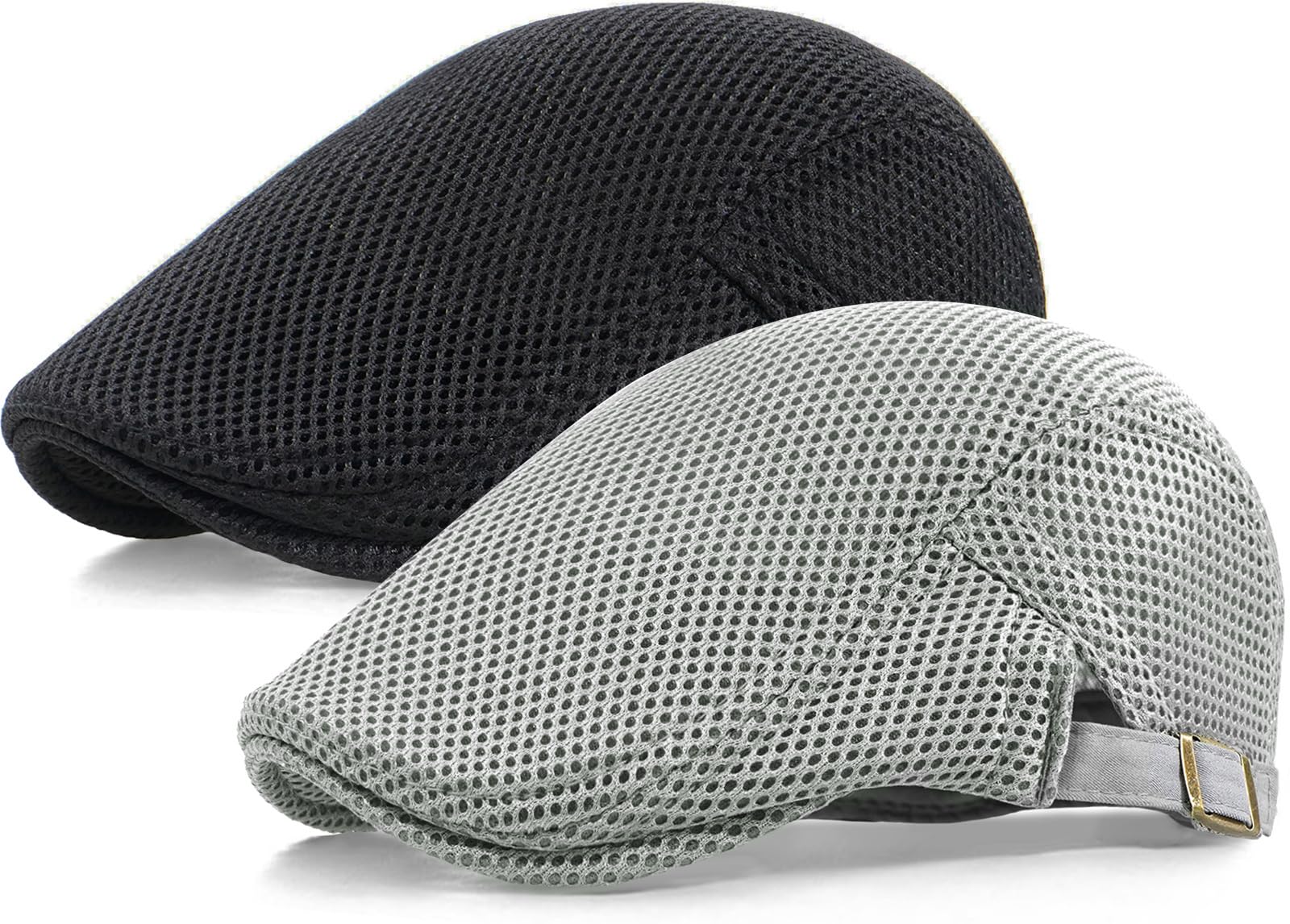 Taidor 2 Pack Mens Mesh Cap Breathable Summer Newsboy Hat Adjustable Beret Ivy Cap Irish Cabbie Driving Hunting Hats Black/Light Gray