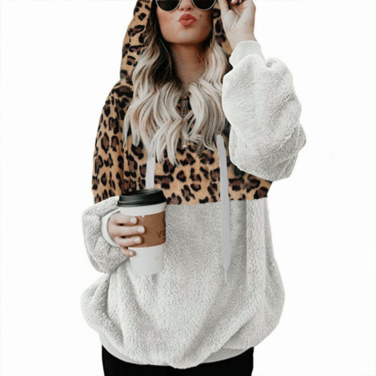Women's Plush Hoodie with Leopard Print and Zipper Pockets