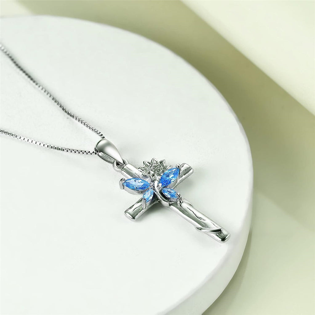 Blue Crystal Butterfly Sunflower Cross Pendant Necklace