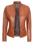 fjackets Cafe Racer Leather Jacket - Real Leather Jacket Women Brown | [1300864] Amy Brown L