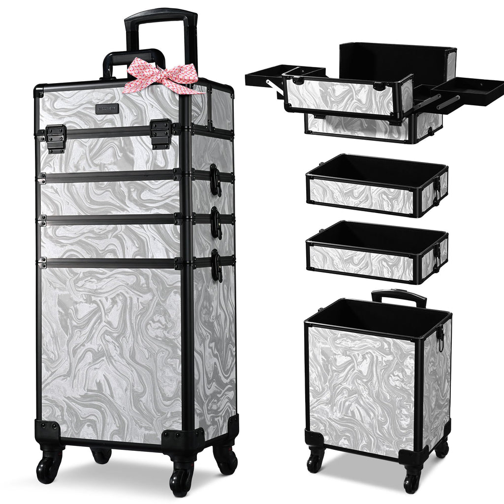 BYOOTIQUE Rolling Makeup Train Case 4in1 Cosmetic Trolley Organizer Case Lockable Salon Barber Case Traveling Cart Trunk with Wheels for Makeup Artist Trave NailCoyoteButtes Graystone