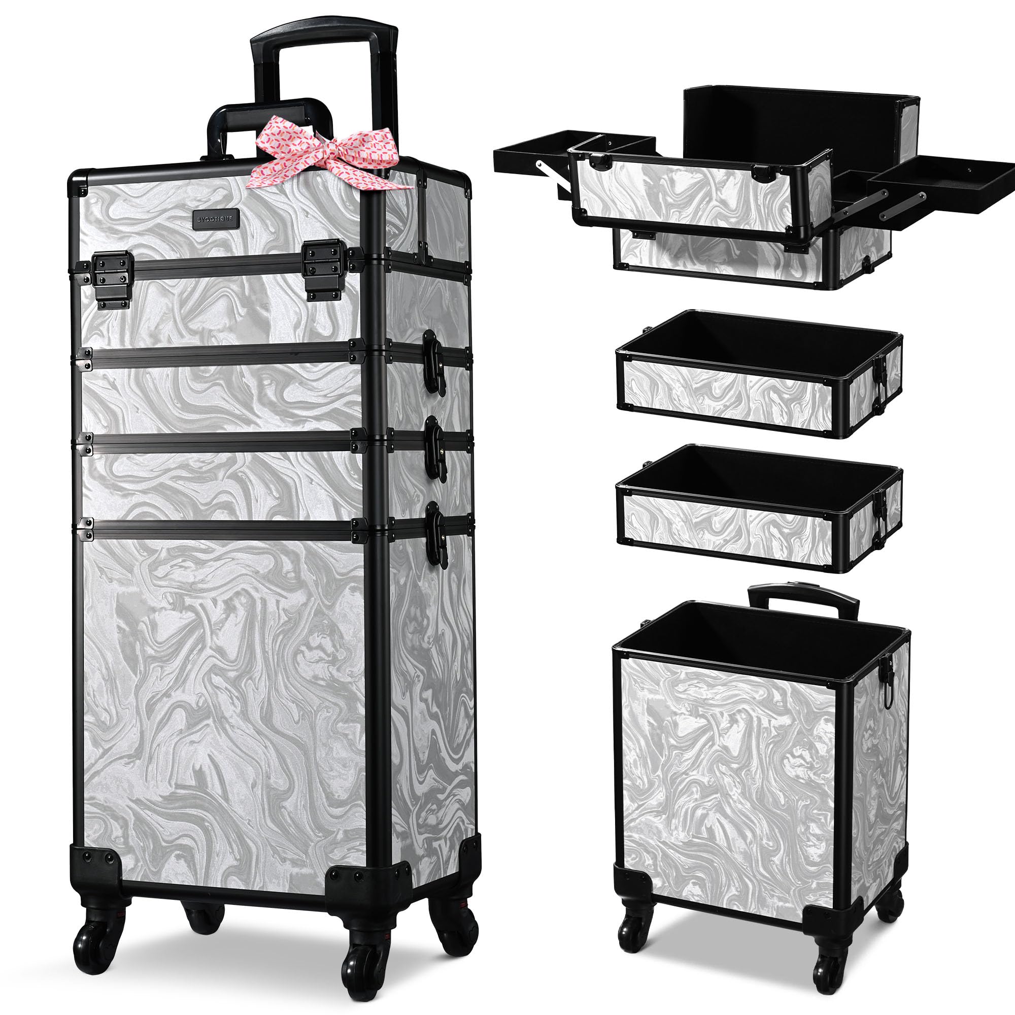 BYOOTIQUE Rolling Makeup Train Case 4in1 Cosmetic Trolley Organizer Case Lockable Salon Barber Case Traveling Cart Trunk with Wheels for Makeup Artist Trave NailCoyoteButtes Graystone