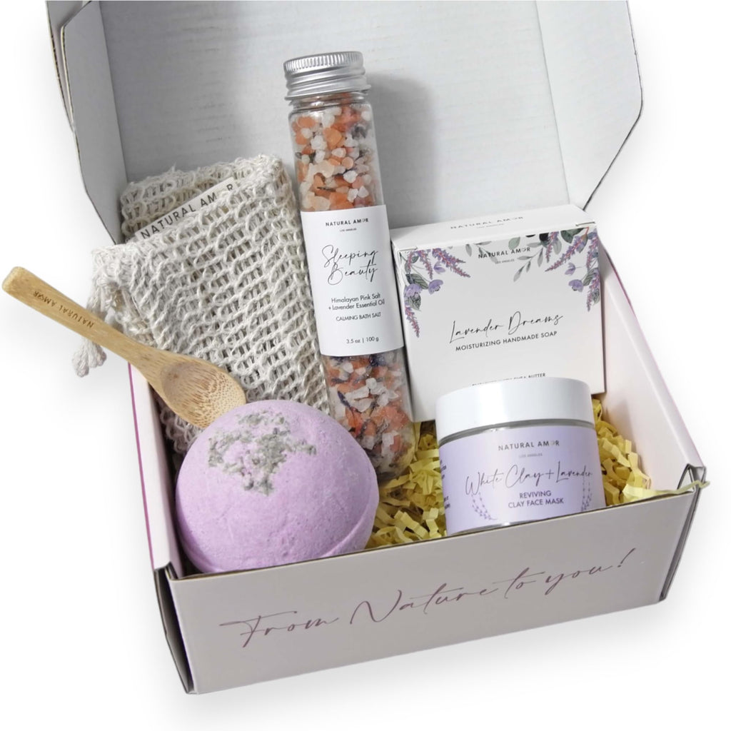 Natural Amor Lavender Spa Gifts for Women 5pcs Handmade Spa Gift Box for Women Birthday Gift for Women Self Care Gift Thank you Gift for Mother Day
