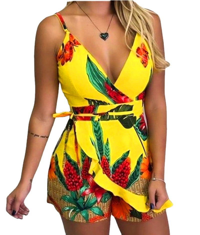 Navy Floral Print Lace Trim Romper for Cross-Border E-commerce