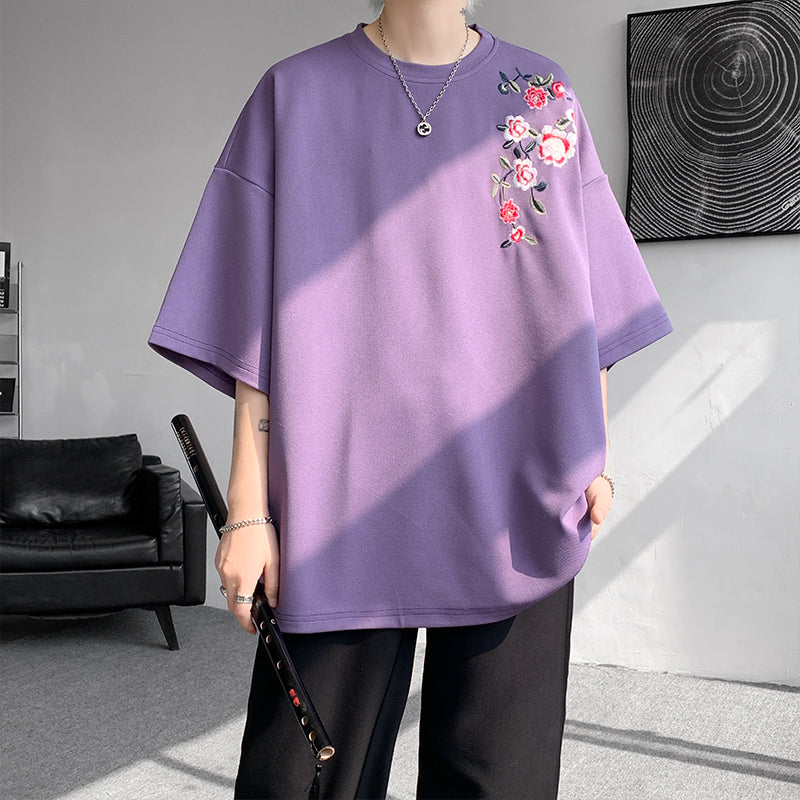 Embroidered Flower Oversized T-Shirt for Couples
