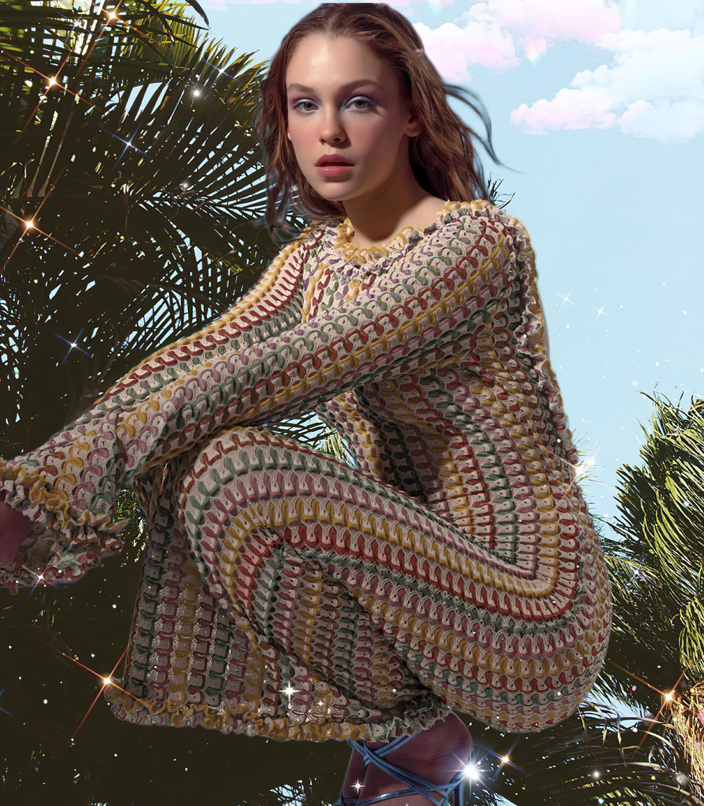 2023 Color Block Lace Backless Long Sleeve Dress