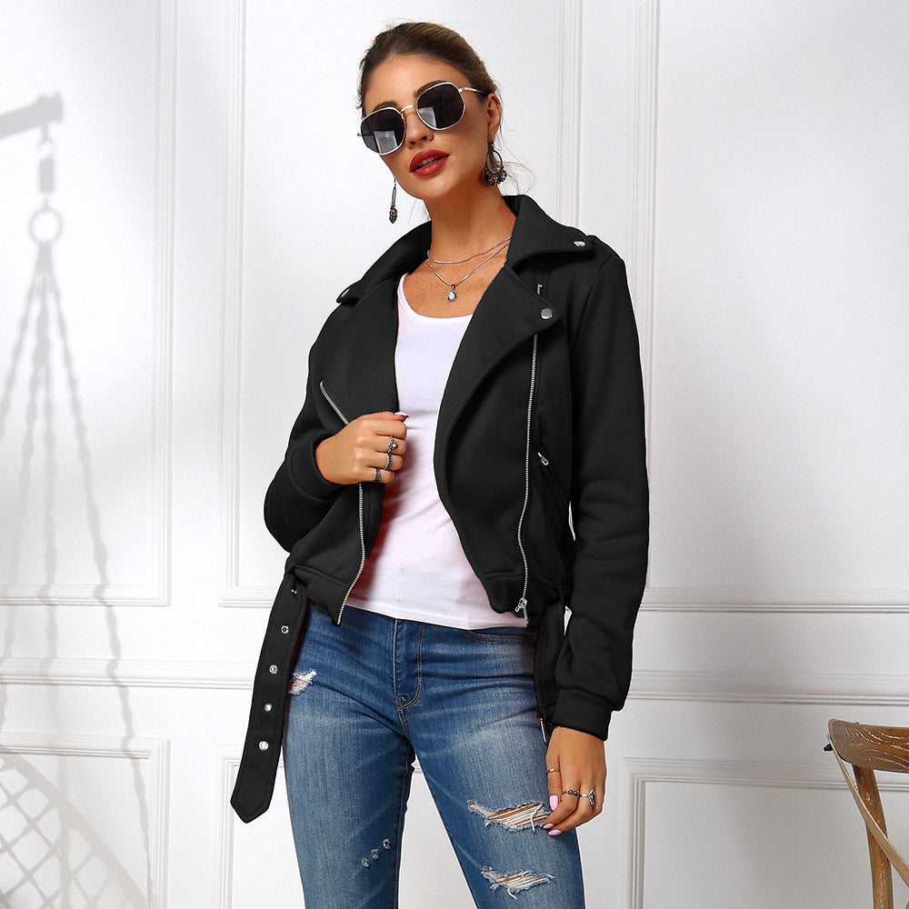 Women's Motorcycle Hoodie with Oblique Zipper Jacket