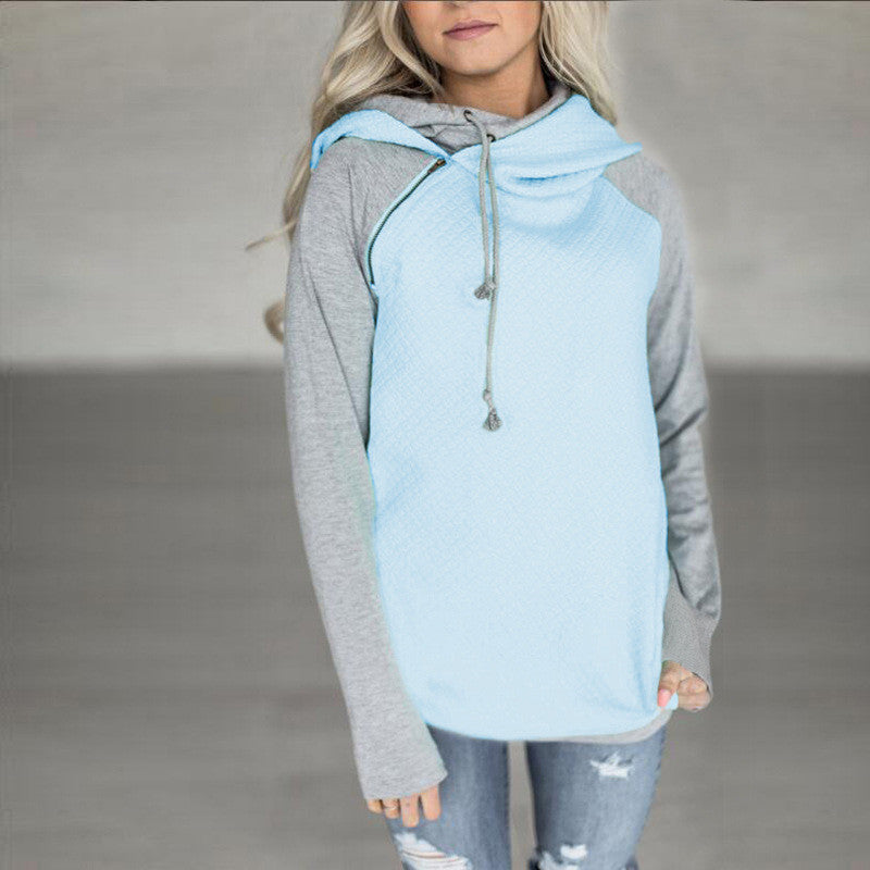 Oblique Zipper Double Hood Plaid Hoodie Sweatshirt