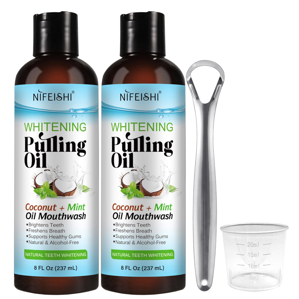 Coconut Pulling Oil 2PACK Mint Mouthwash with Tongue Scraper for Fresher Breath Alcohol Free Natural Coconut Oil Pulling for Teeth Whitening & Gum Health 8 Fl.Oz