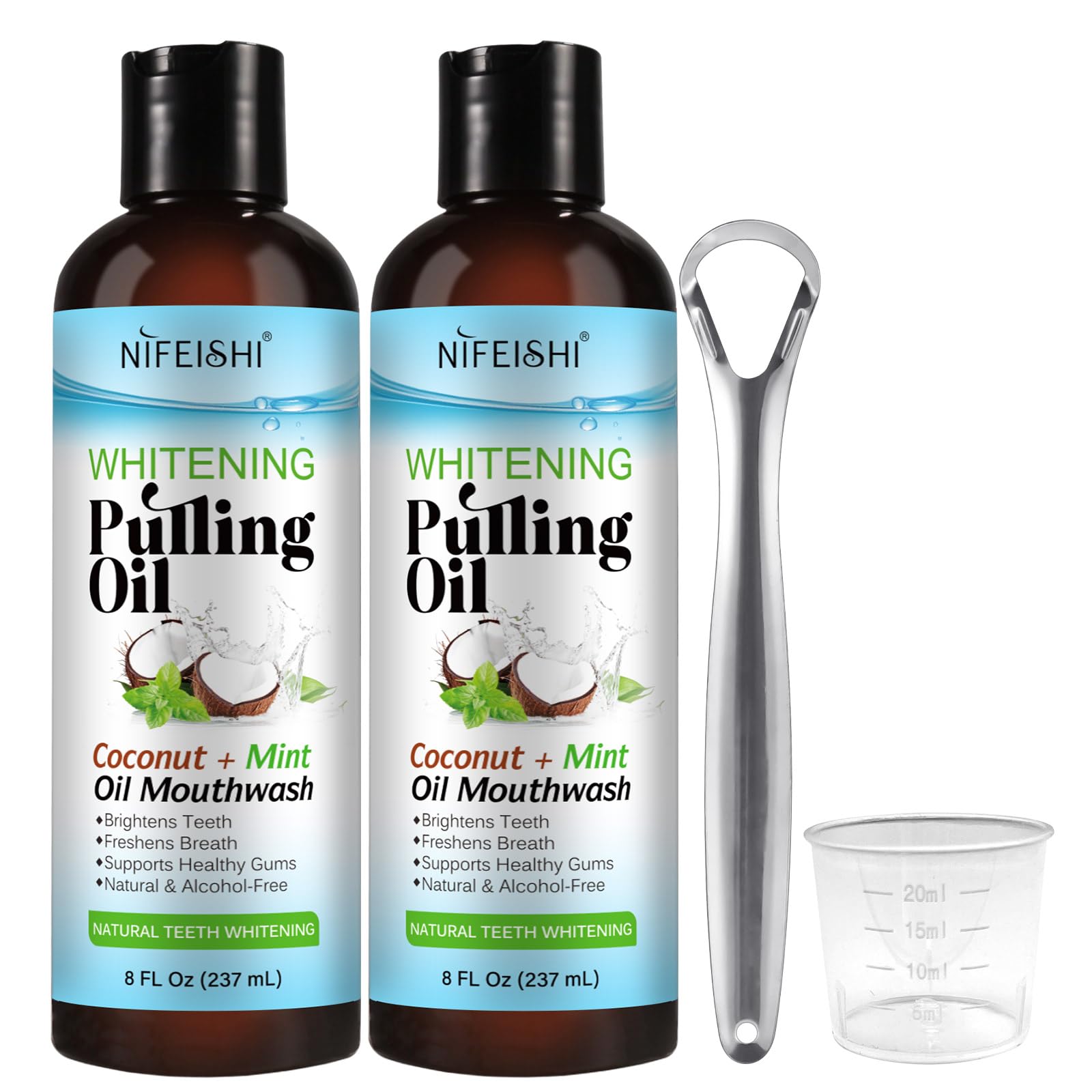 Coconut Pulling Oil 2PACK Mint Mouthwash with Tongue Scraper for Fresher Breath Alcohol Free Natural Coconut Oil Pulling for Teeth Whitening & Gum Health 8 Fl.Oz