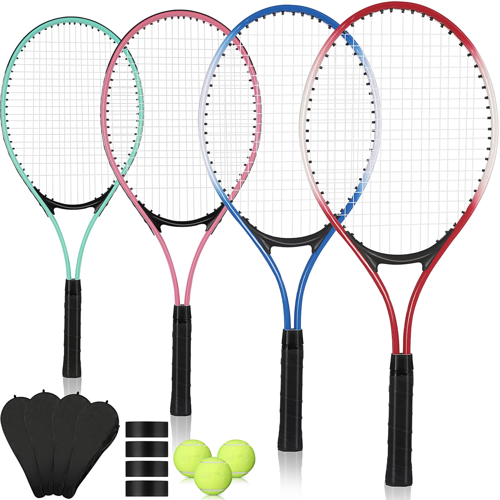 Motionchic 4 Pcs Tennis Rackets for Adult Recreational 4 Players 27" Tennis Racquet Lightweight Tennis Racket with 3 Tennis Balls for Training Beginners with Overgrips Carry Bag (PinkGreenBlueRed)