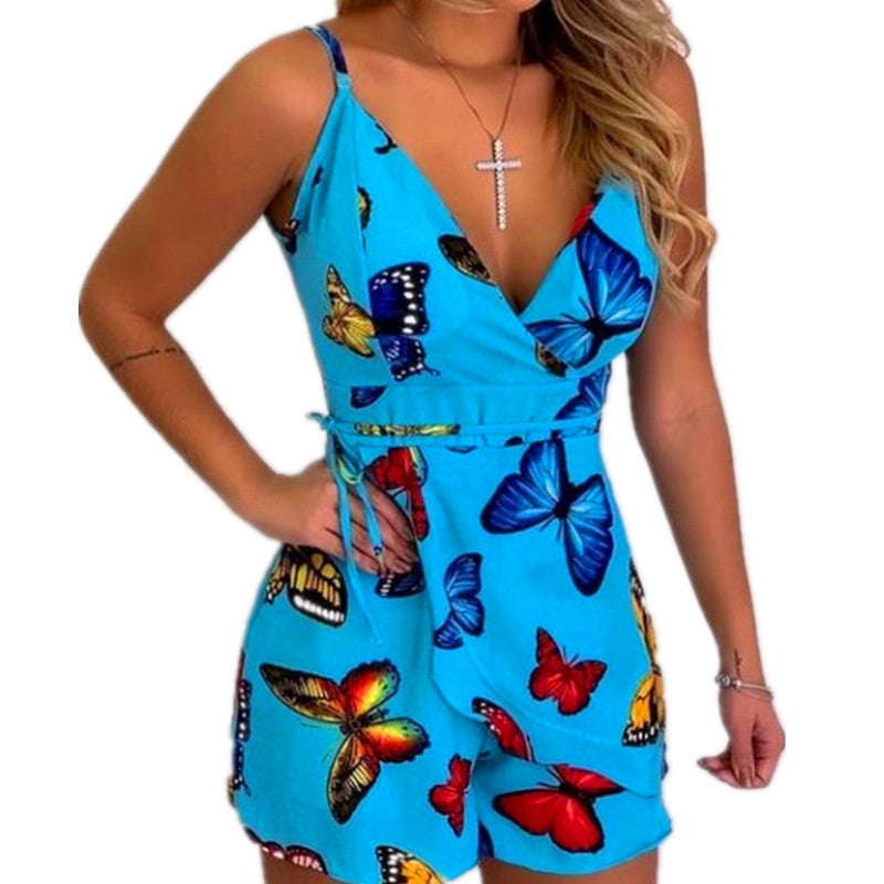 Navy Floral Print Lace Trim Romper for Cross-Border E-commerce