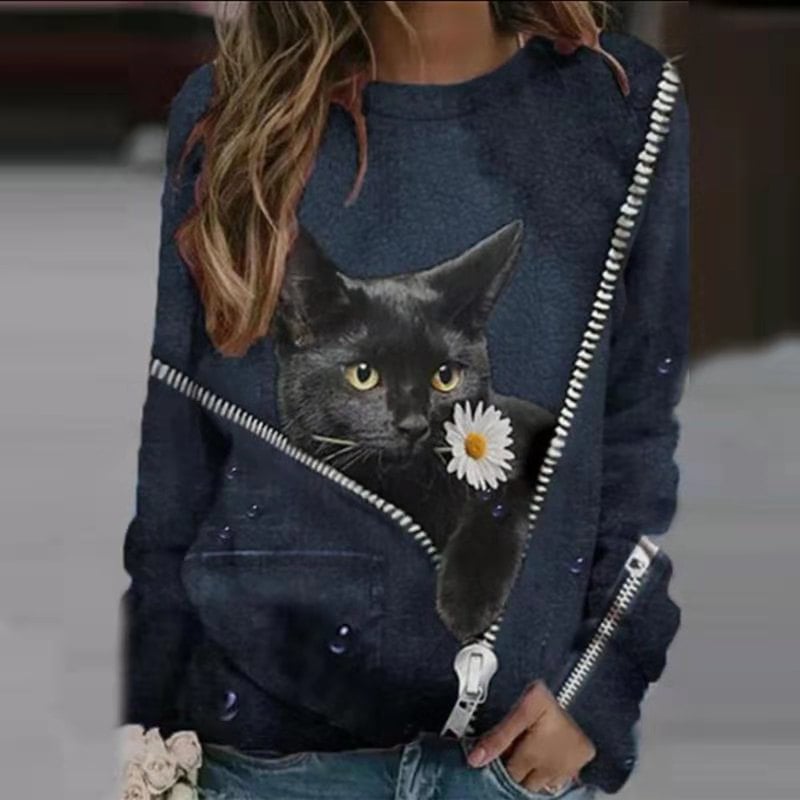 Casual Long-sleeved T-shirt with Cartoon Cat Print