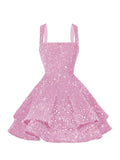 vintys Spaghetti Straps Tiered Sequin Pink Homecoming Dresses for Teens A Line Scoop Neck Prom Dress Short Cocktail Party Dresses for Juniors 00