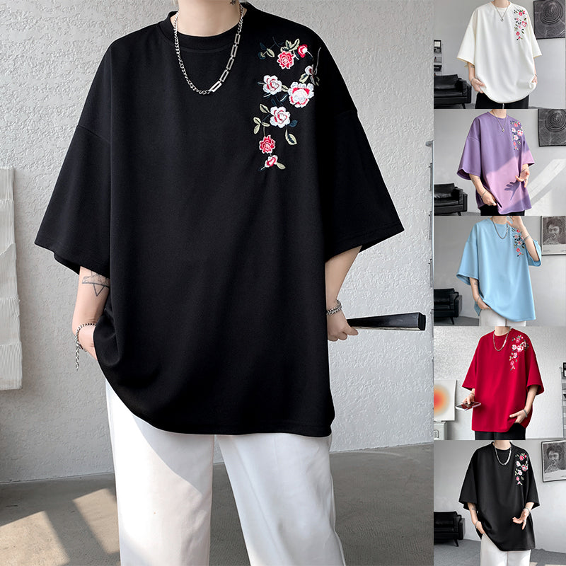 Embroidered Flower Oversized T-Shirt for Couples