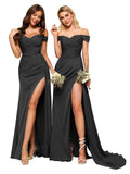 Off The Shoulder Ruched Black Bridesmaid Dresses for Women Long Corset Satin Formal Dresses Mermaid Prom Party Dress with Slit 4