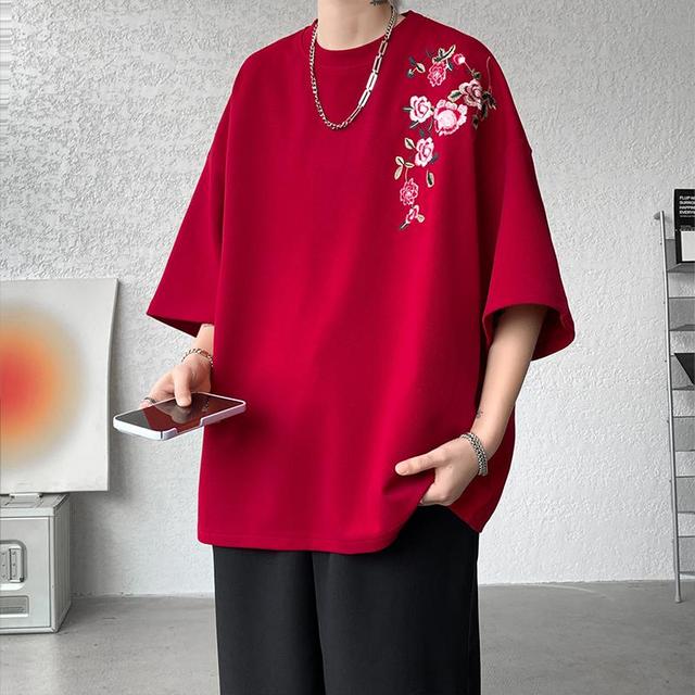 Embroidered Flower Oversized T-Shirt for Couples