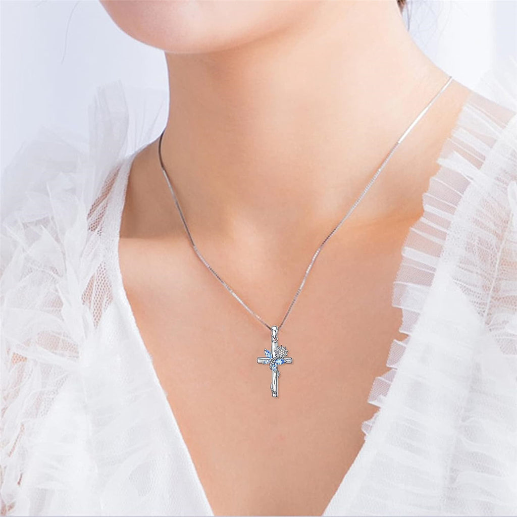 Blue Crystal Butterfly Sunflower Cross Pendant Necklace