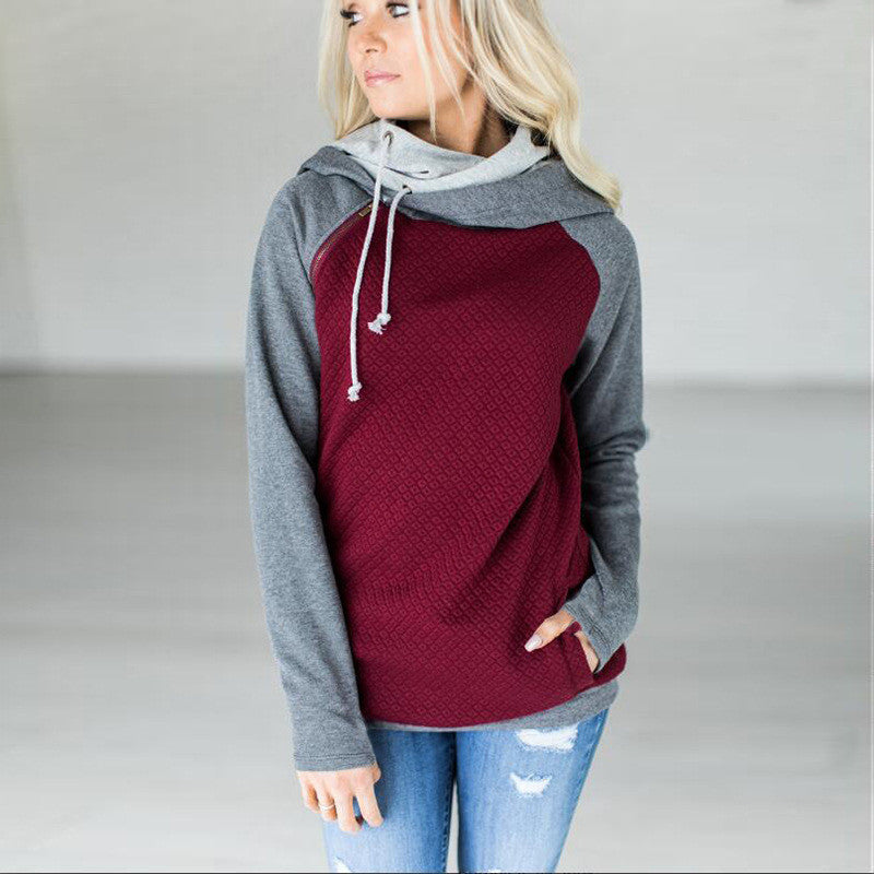 Oblique Zipper Double Hood Plaid Hoodie Sweatshirt