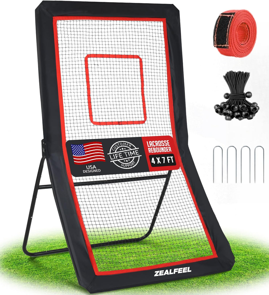 ZEALFEEL Lacrosse Rebounder 4x7ft Lacrosse Rebound for Backyard with 5 Adjustable Angles Target Strip Volleyball Rebounder Net Perfect for Lacrosse Volleyball Baseball Softball and Soccer Training
