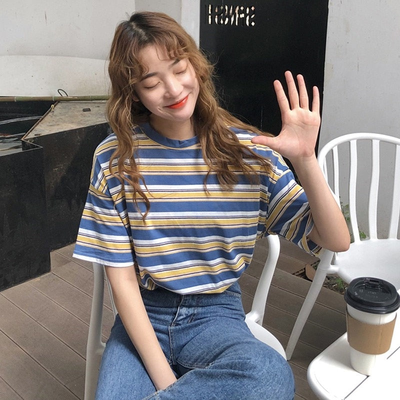 Summer Korean Style Striped Loose Short Sleeve T-Shirt
