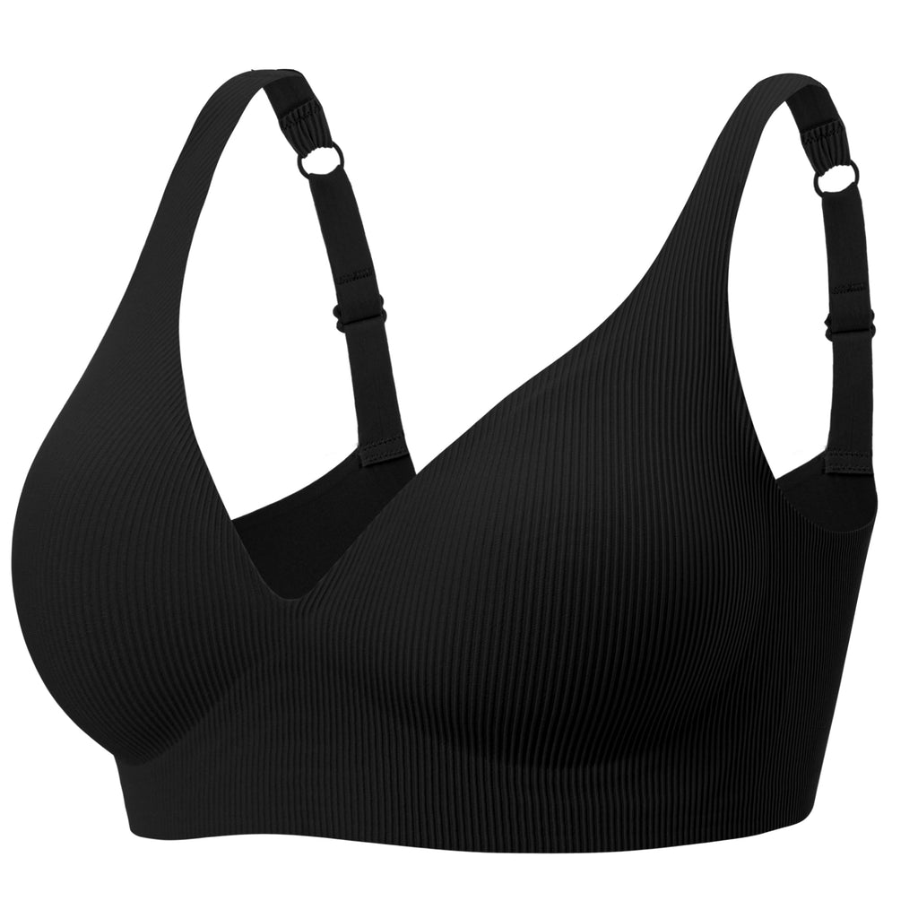 Angelhood Deep V Bras for Women No Underwire Smooth Seamless Bralette Comfort Wireless Push Up Bra with Bra Extender Black
