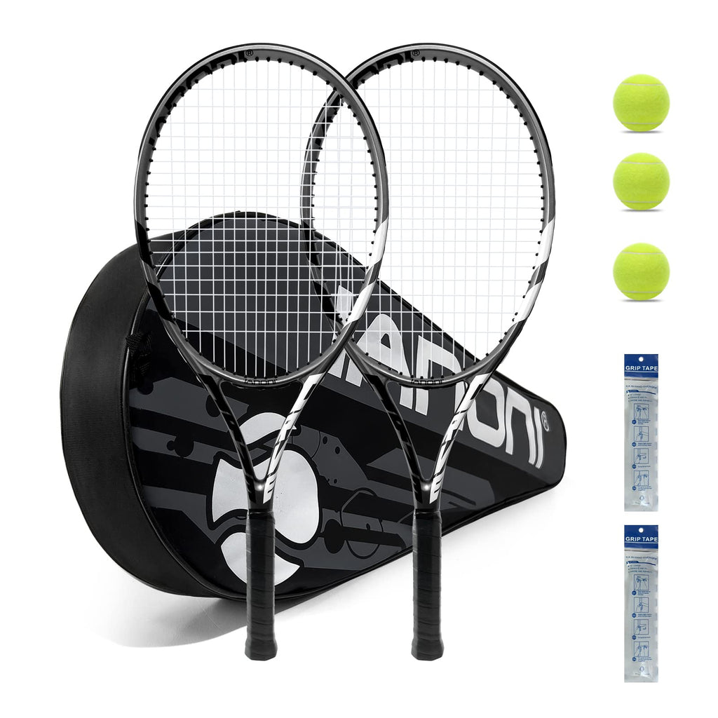 Tennis Rackets for Adults Pre-Strung 27 Inch Tennis Racquets-2 Player Tennis Racket Set with 3 Balls2 Grips 2 Vibration Dampers- Grey