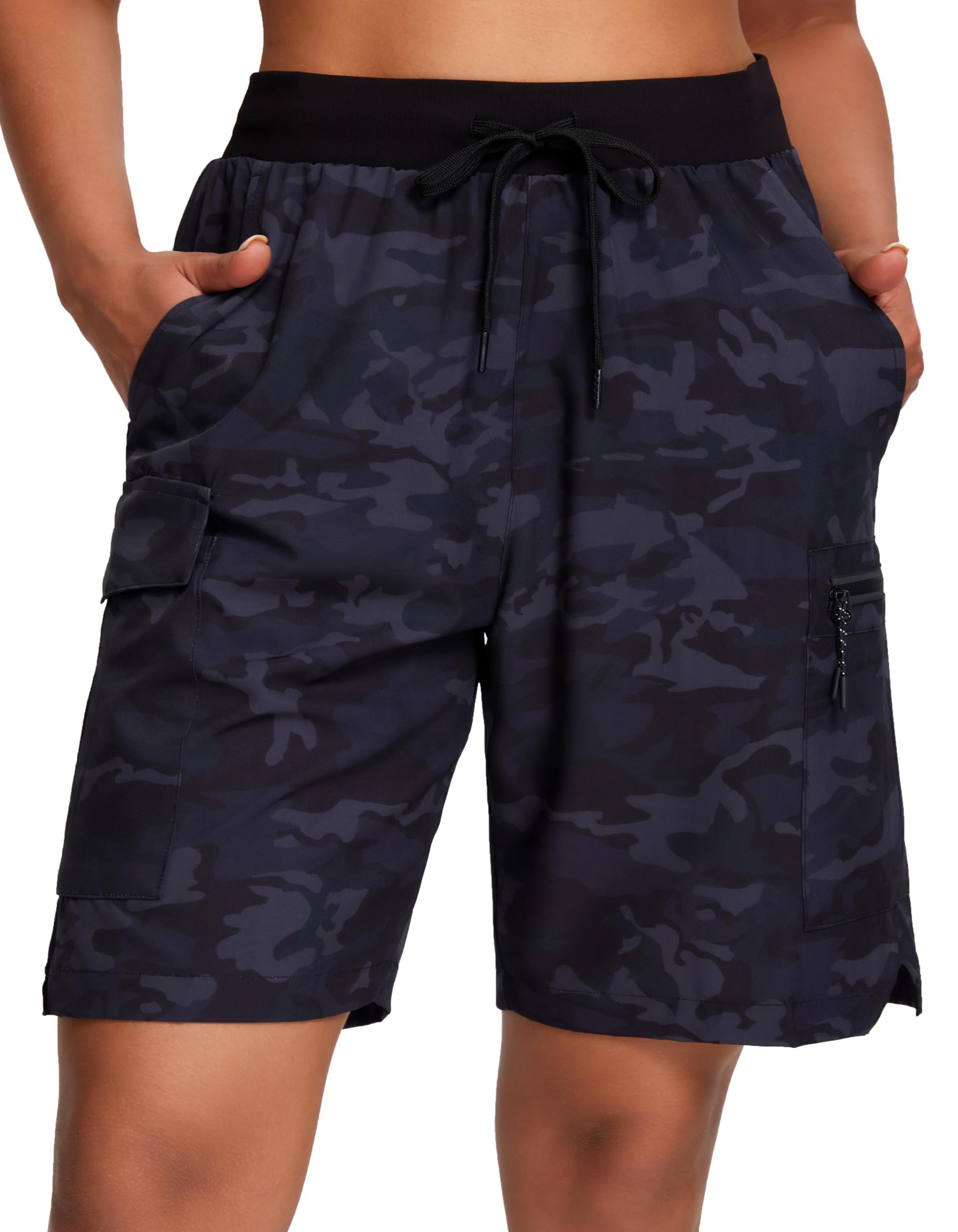 Oalka Womens Hiking Shorts Lightweight Zipper Pockets Cargo Quick Dry Summer Shorts Multi Camo Black Grey L