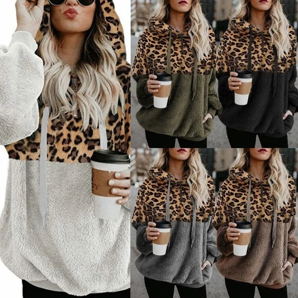 Women's Plush Hoodie with Leopard Print and Zipper Pockets